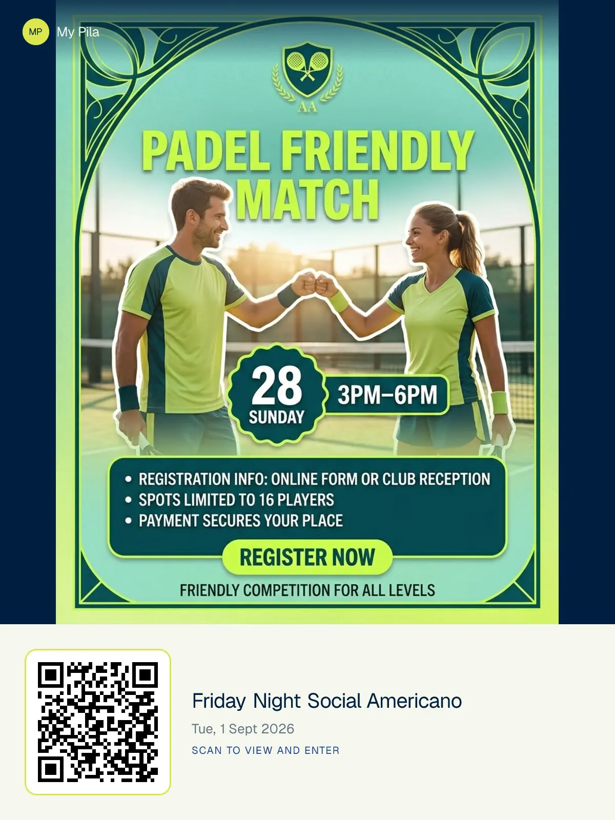 A printable poster for an event, with a large scannable QR code linking straight to entry, plus the event name, date, and venue.